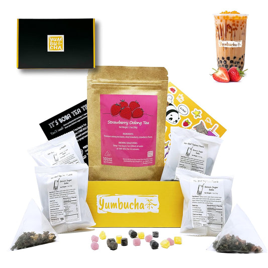 YUMBUCHA Boba Kit Set - DIY Boba Tea Making Kit with Strawberry Oolong & Tapioca Pearls - Create 10 Delightful Drinks - Exquisite Loose Leaf Teabags Included - Boba Tea Gift Set for Tea Lovers