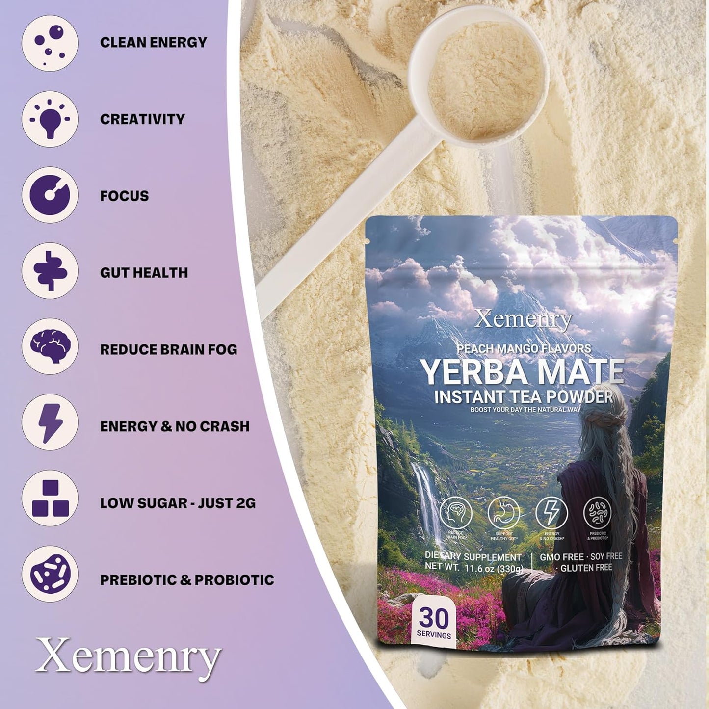 Yerba Mate Tea Powder - Peach Mango, Clean Energy & Focus with L-Theanine, Gut Health Support with Prebiotics, No Crash, 11.6oz (30 Servings)