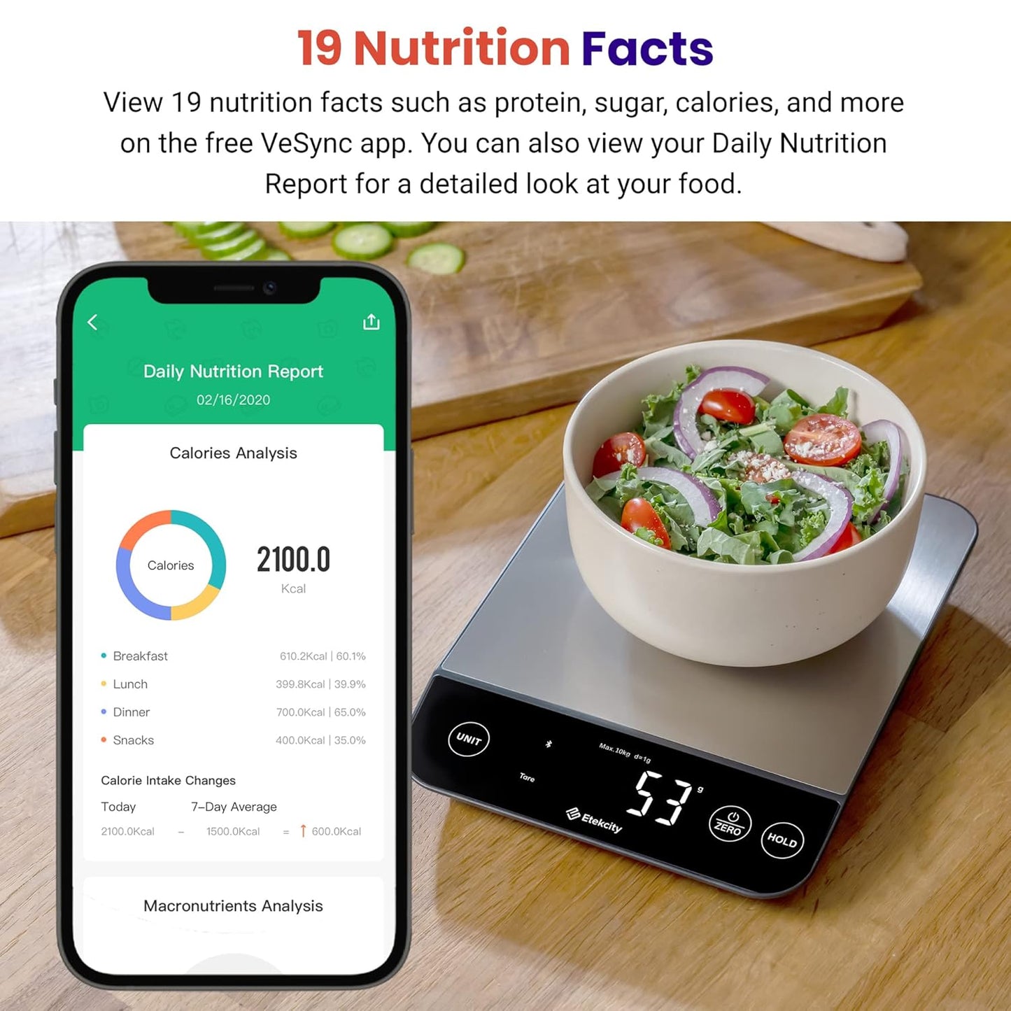 Etekcity Food Nutrition Scale, Smart Food Scale for calorie count, IPX6 Waterproof, Rechargeable, Bluetooth, Ounces and Grams for Weight Loss, Cooking, 304 Stainless Steel, Luminary 22lb
