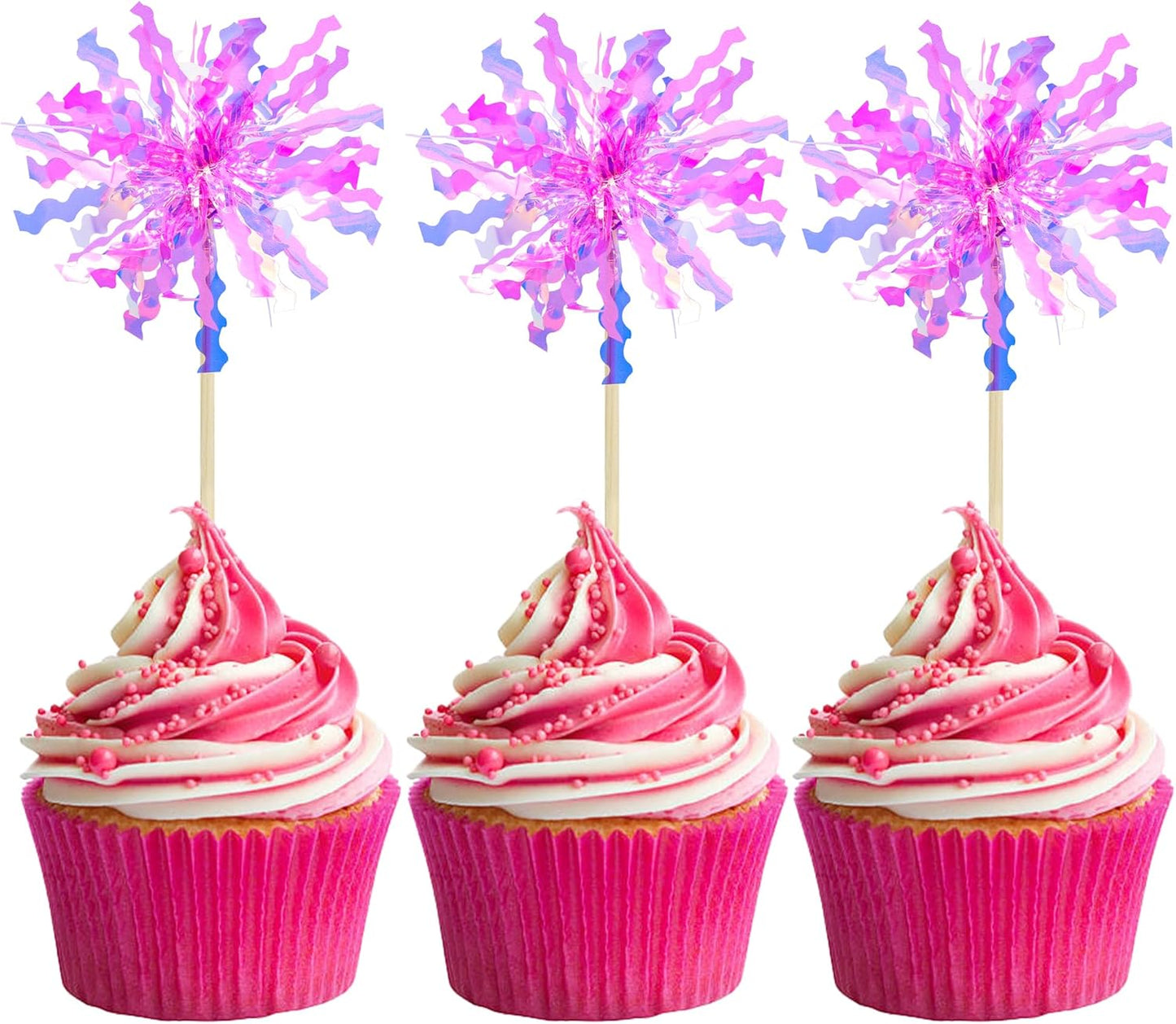 Gyufise 20Pcs Foil Firework Cupcake Toppers Happy Birthday Cake Toppers Sparkle Tinsel Flower Drink Stirrers Cocktail Food Fruit Toothpicks for Valentine's Day Party Supplies Rose Red