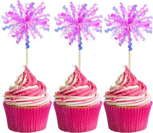 Gyufise 20Pcs Foil Firework Cupcake Toppers Happy Birthday Cake Toppers Sparkle Tinsel Flower Drink Stirrers Cocktail Food Fruit Toothpicks for Valentine's Day Party Supplies Rose Red