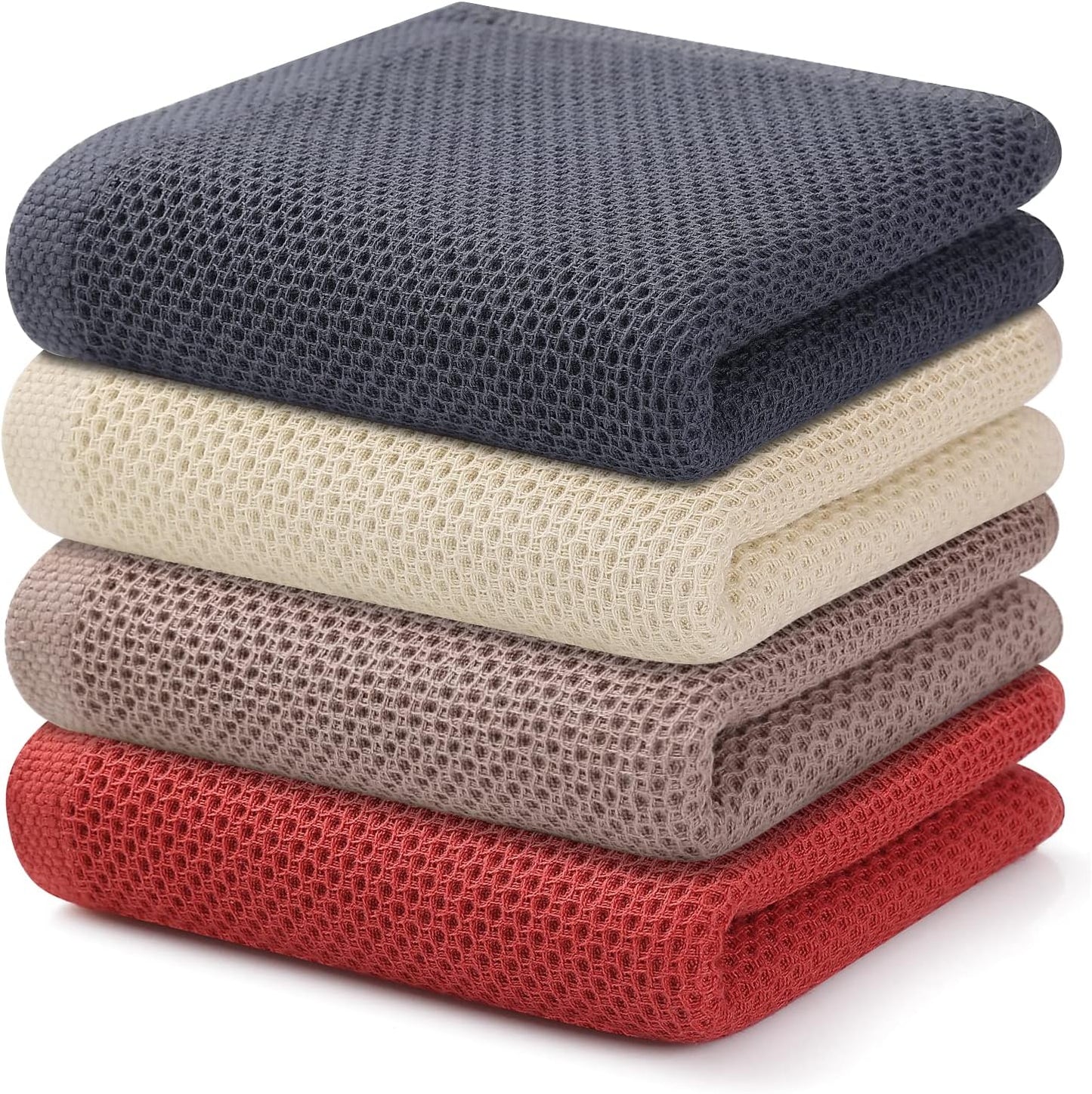 Kitinjoy 100% Cotton Waffle Weave Kitchen Towels, 4-Pack Super Soft and Absorbent Dish Towels for Drying Dishes, Kitchen Hand Towels, 13 in x 28 in, Multicolor