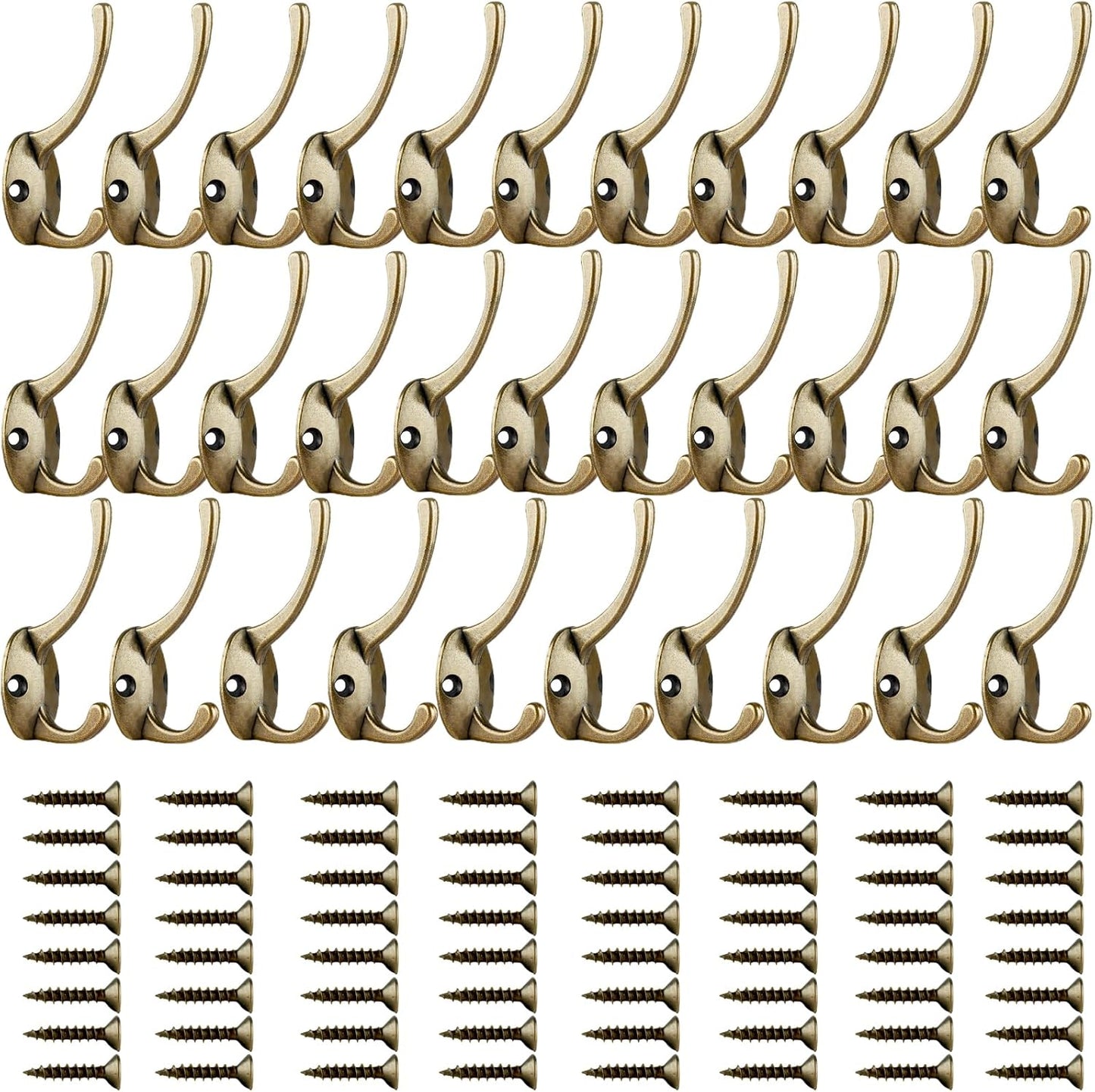 IBosins 32 Pack Antique Brass Coat Hooks Wall Mounted with 64 Screws Retro Double Hooks Utility Hooks for Coat, Scarf, Bag, Towel, Key, Cap, Cup, Hat
