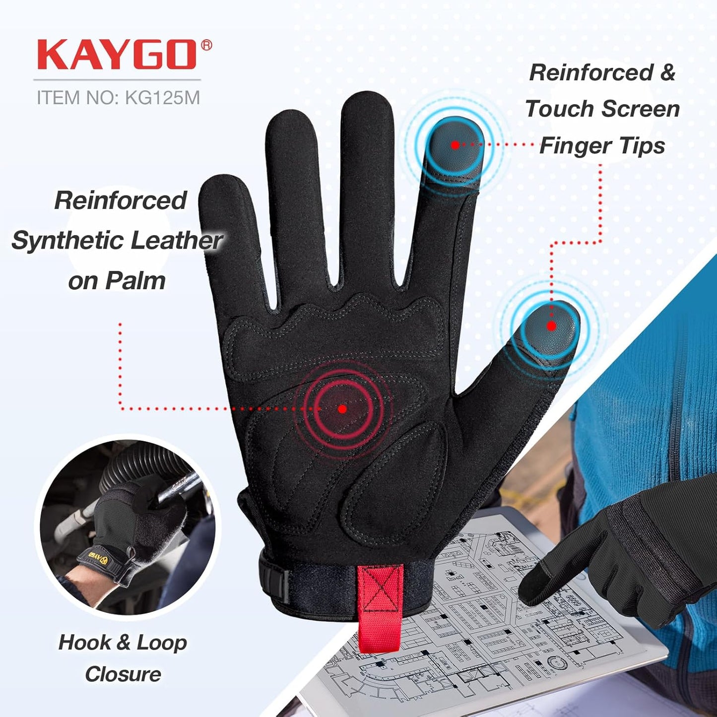 KAYGO Work Gloves For Men, KG125M Mechanic Utility Work Gloves for All Purpose, Excellent Grip, Heavy Duty, Improved Dexterity, Touch Screen,Black，XL