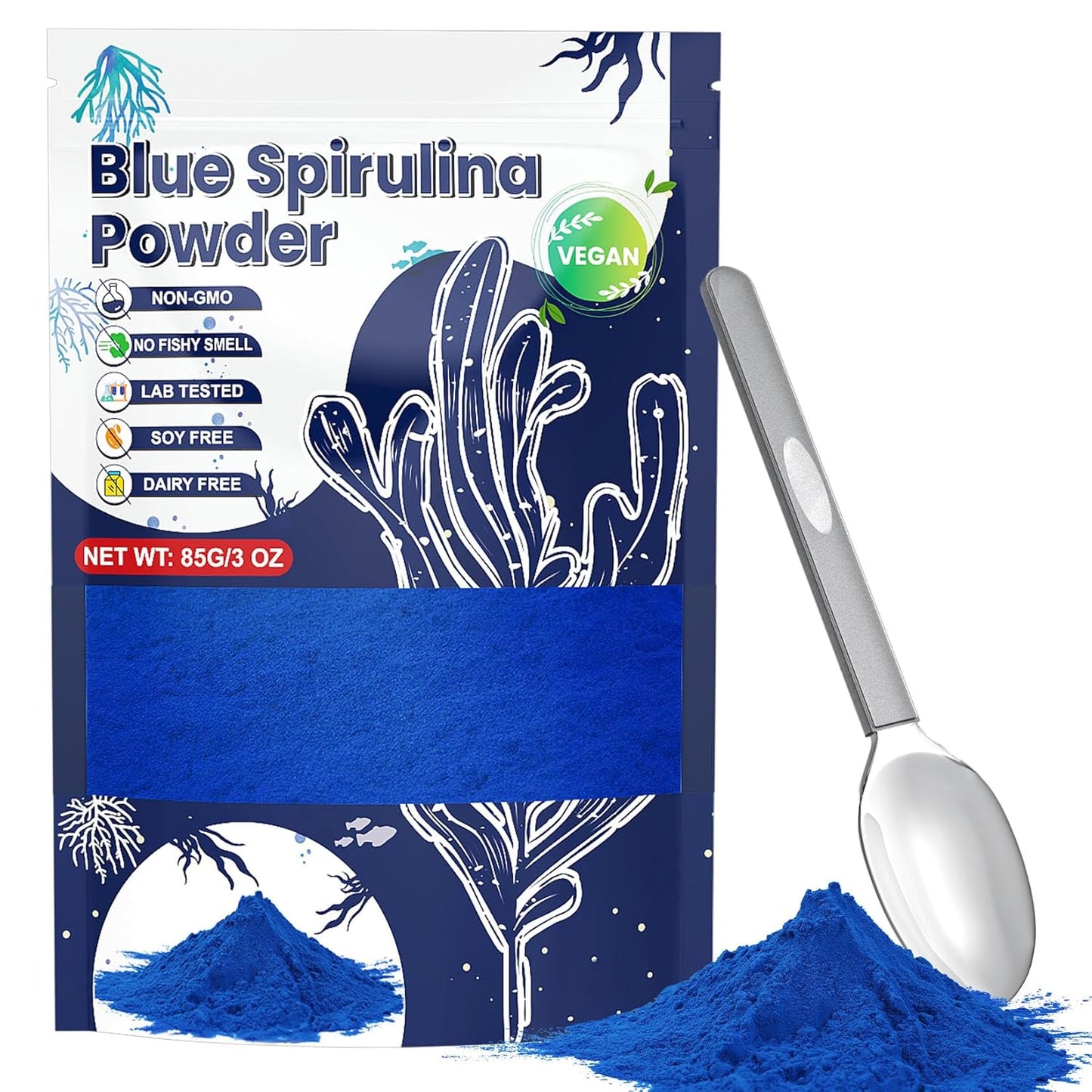 Blue Spirulina Powder - 85g Natural Blue Food Coloring, No Fishy Smell, Food Dye from Spirulina Algae, Plant Based Coloring Powder for Smoothies, Baking, Drinks