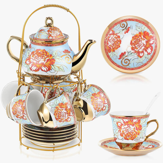 Zhehao 20 Pcs Porcelain Tea Set with Metal Holder and Spoon Adult Ceramic Tea Party Set European Flower Painting Teapot Cup Saucer Spoon Set for Women, Large Version(Retro Style)