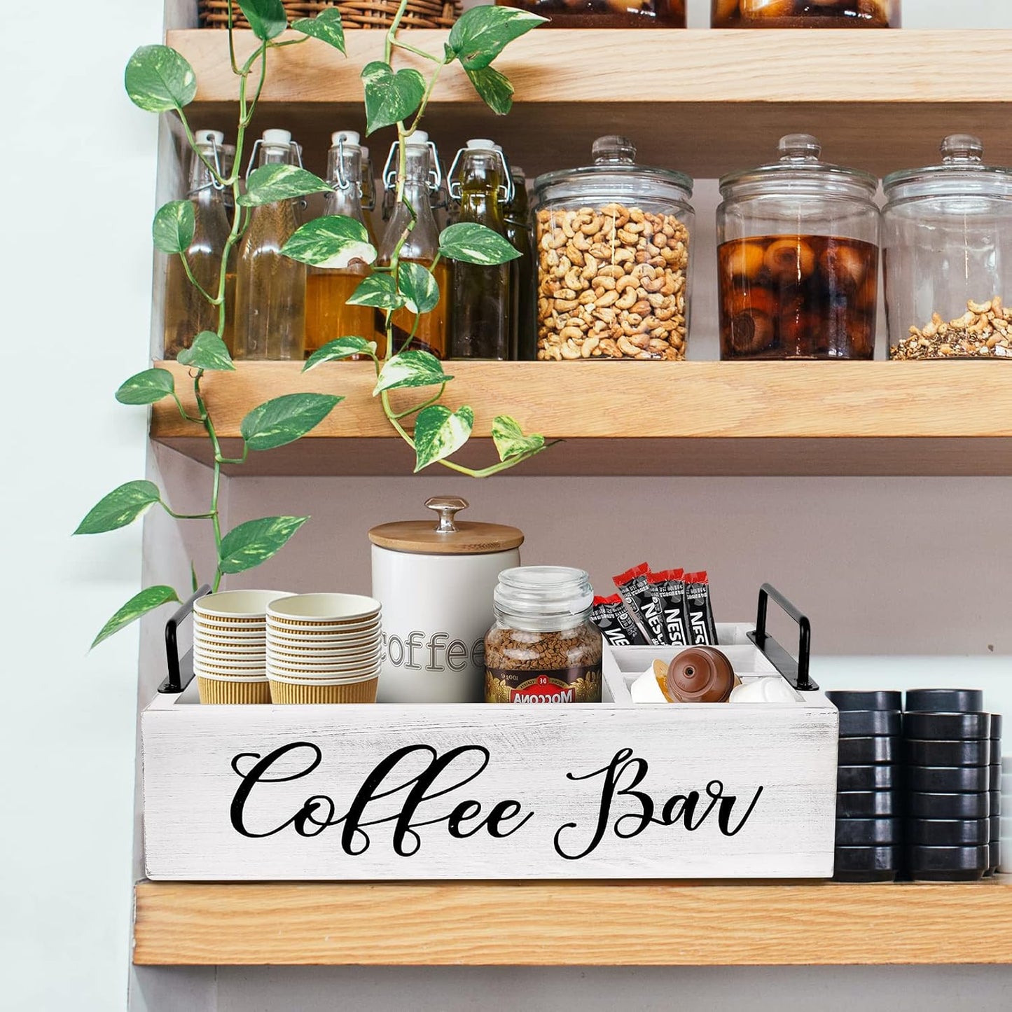 Coffee Station Organizer Wooden Coffee Bar Holder Accessories for Countertop, Farmhouse Kcup Pod Storage Basket with Handle - White