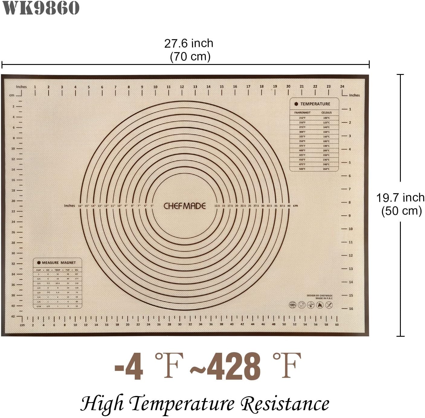 CHEFMADE Silicone Baking Mat, 28" x 20" Extra Thick Large Non-Stick Sheet Mat with Measurement | Non-Slip Reusable Food Grade Flexible Dishwasher Safe｜Making,Cookies,Macarons,Bread,Pastry and Pizza
