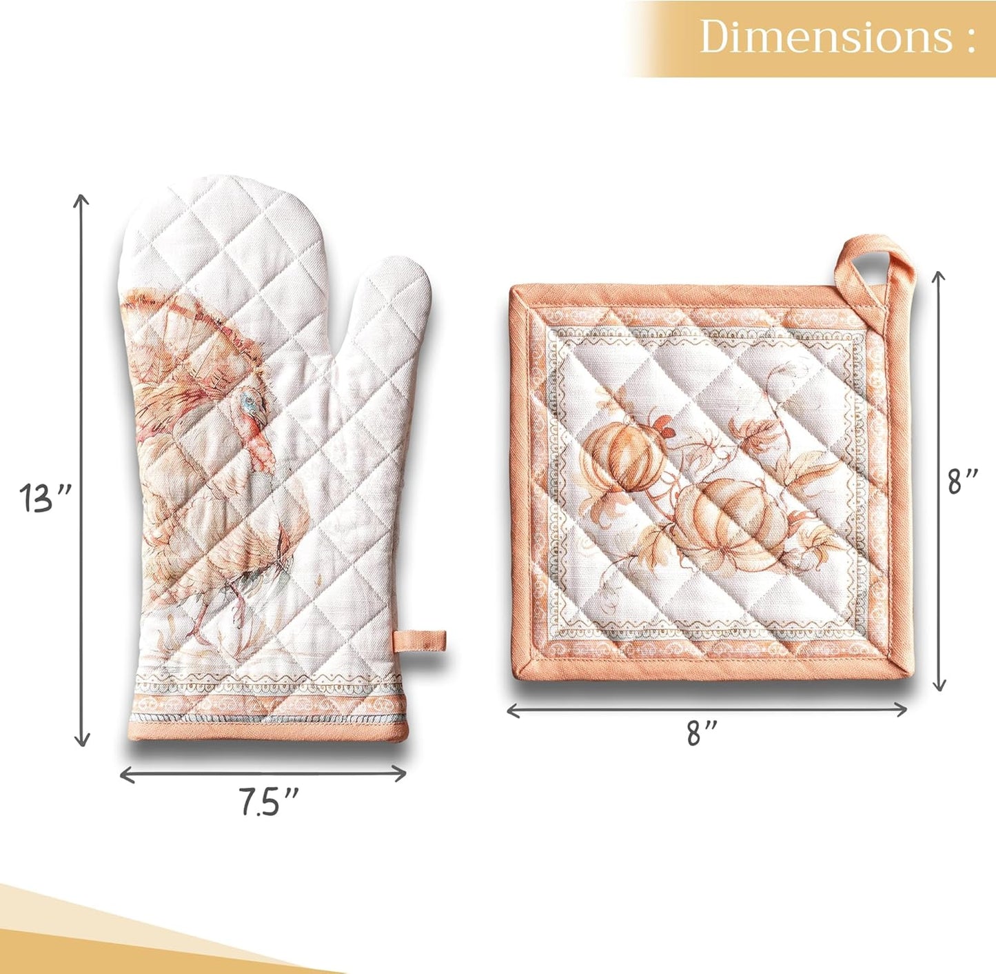 Maison d' Hermine 100% Cotton Oven Mitt & Pot Holder Set (7.5"x13" & 8"x8") Heat Resistant BBQ Cooking Gloves with Loop, Baking, Grilling, Kitchen, Handling Hot Pans (Giving Thanks)