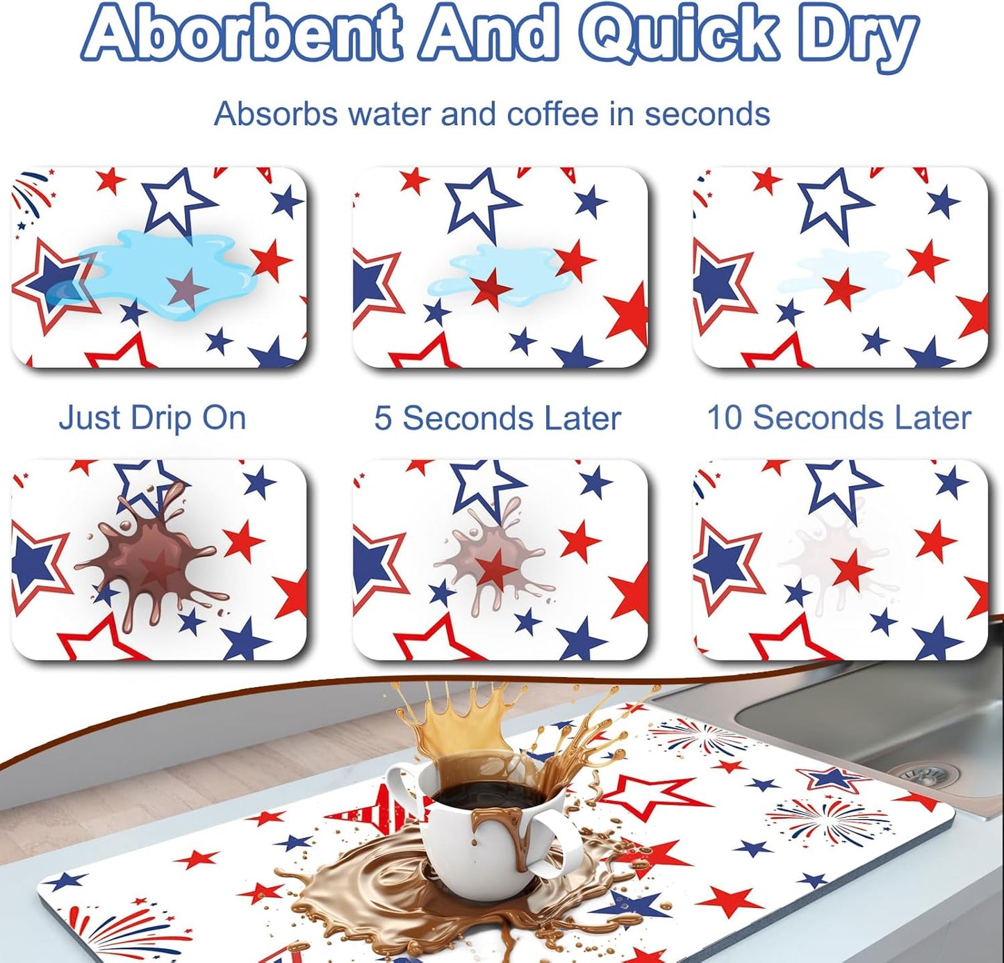 Coffee Bar Mat for Countertop, 17" X 28” Super Absorbent Dish Drying Mat, Large Kitchen Counter Mats Fits Under Coffee Maker, Non-slip Espresso Machine Pad, W Stars Freworks