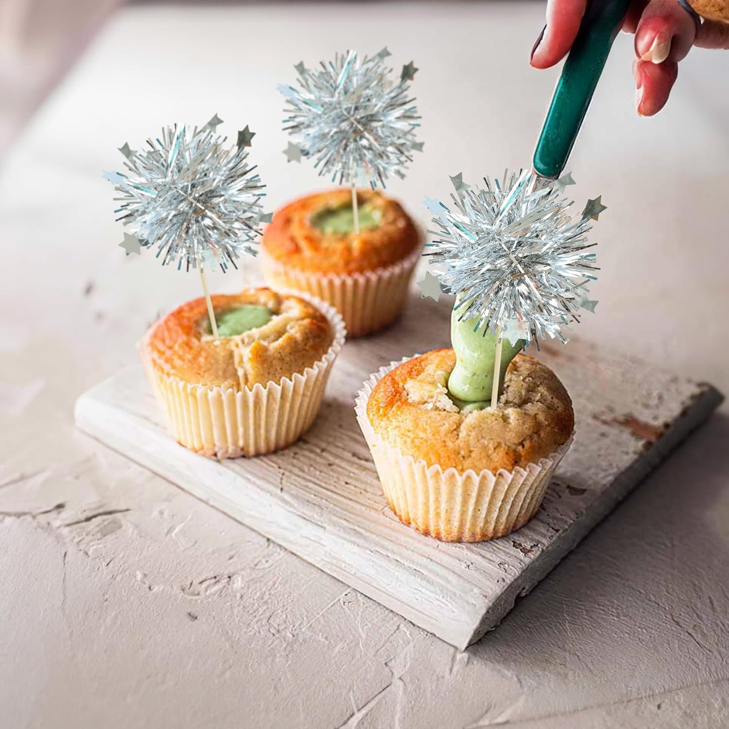 Ephlyn 30Pcs Foil Firework Cupcake Toppers Party Birthday Cake Toppers Supplies Sparkle Tinsel Cocktail Fruit Toothpick for Birthday Wedding Graduation Party Silver