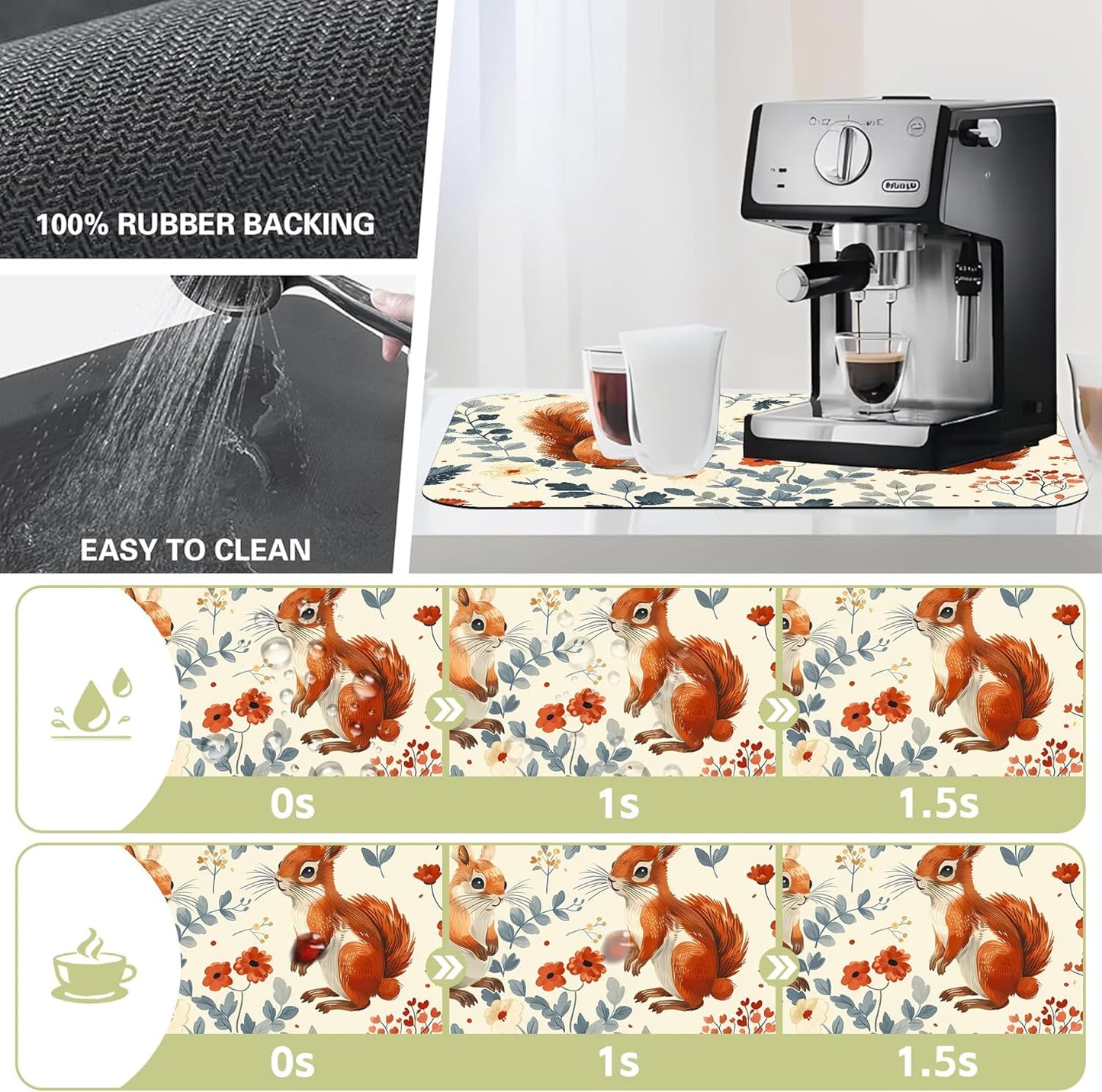 Dish Drying Mat Squirrel in the Flowers Kitchen Mat 16"x24" Bsorbent Coffee Maker Mat for Dishes,Utensils Coffee Maker Pots and Pans Easy Clean Dish Slip Resistant Pad
