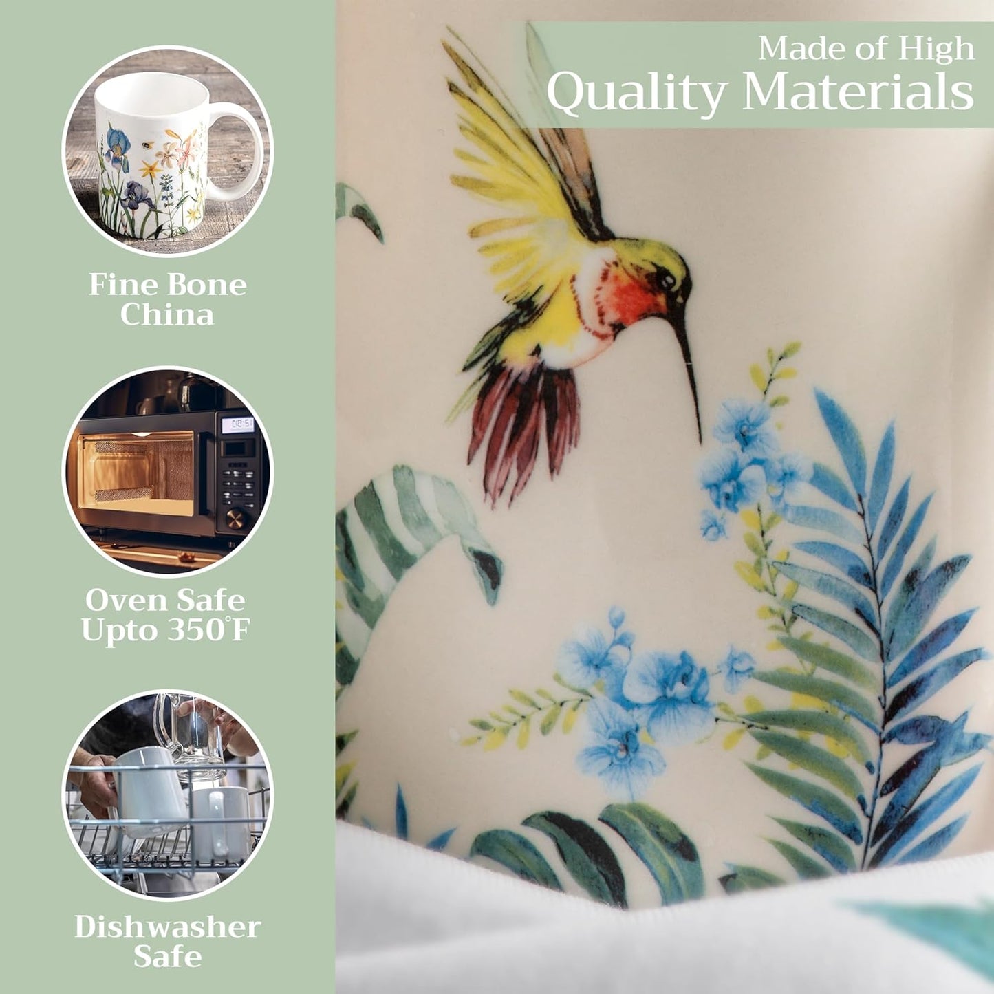 Maison d' Hermine Coffee Mug with Handles Fine Bone China Mugs Pack of One Tea Cups for Hot Beverages Cappuccino Latte Home Restaurant Office Perfect for Gift (Tropiques - Hummingbird, 12 Ounce)