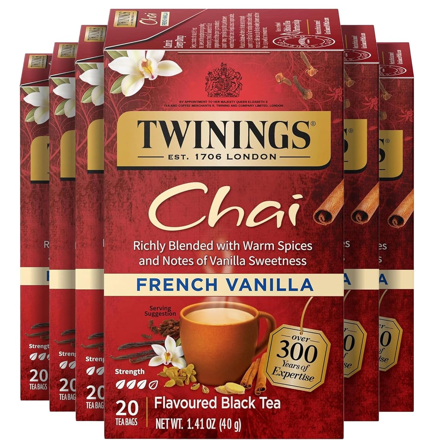 Twinings French Vanilla Chai Black Tea Individually Wrapped Bags, 20 Count (Pack of 6), Warm, Sweet & Spicy, Caffeinated, Enjoy Hot or Iced, 120 Teabags