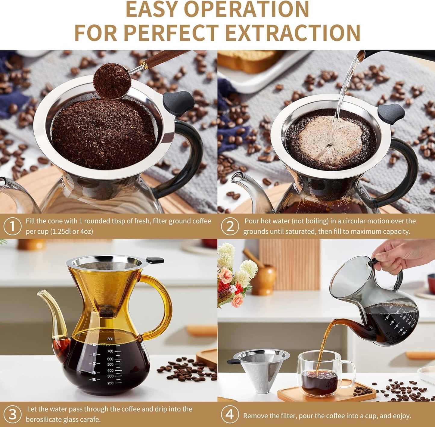 Unbreakable - Pour Over Coffee Maker with Double Stainless Filter 34 fl oz, Thickened Heat-Resistant Borosilicate Glass Pour Over Coffee Dripper, Stovetop Safe