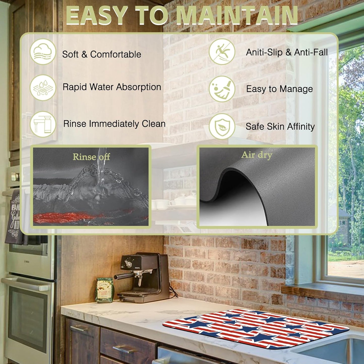 Dish Drying Mat Watercolor Blue Star Red Stripes Kitchen Mat 16"x24" Bsorbent Coffee Maker Mat for Dishes,Utensils Coffee Maker Pots and Pans Easy Clean Dish Slip Resistant Pad