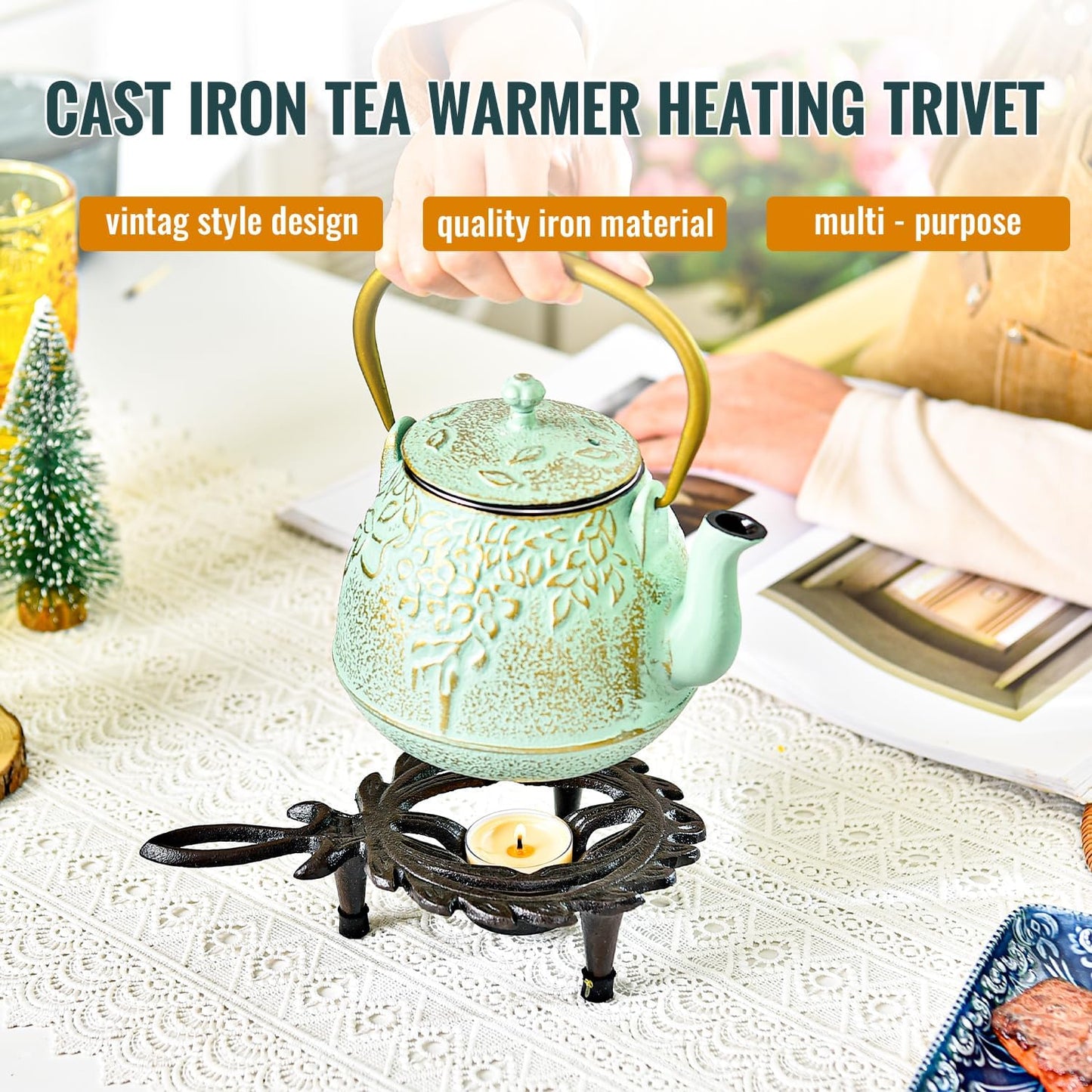 Sungmor Cast Iron Tealight Warmer with Pretty Flame Shape Design, Functional Table Trivet Candle Holder for Warm Dishes, Pots, Soups, Milks, Teas, Coffee, Great Heater for Melt Butter, Sealing Wax