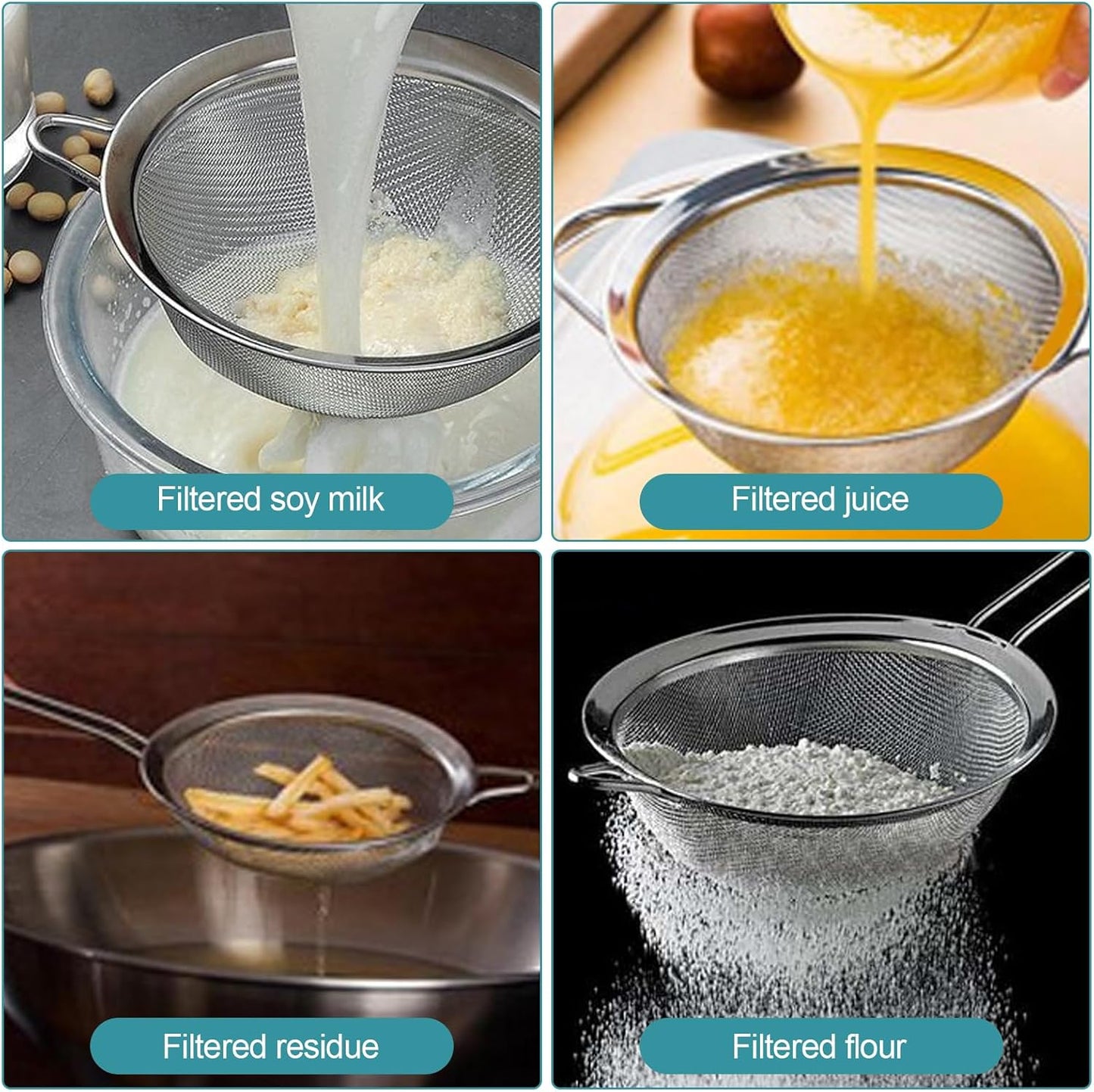 3 Pack Fine Mesh Strainer, Small Stainless Steel Sieves with Handles, for Steeping Loose Leaf Tea, Straining Cocktail, Juice and Sifting Flour, Powdered Sugar