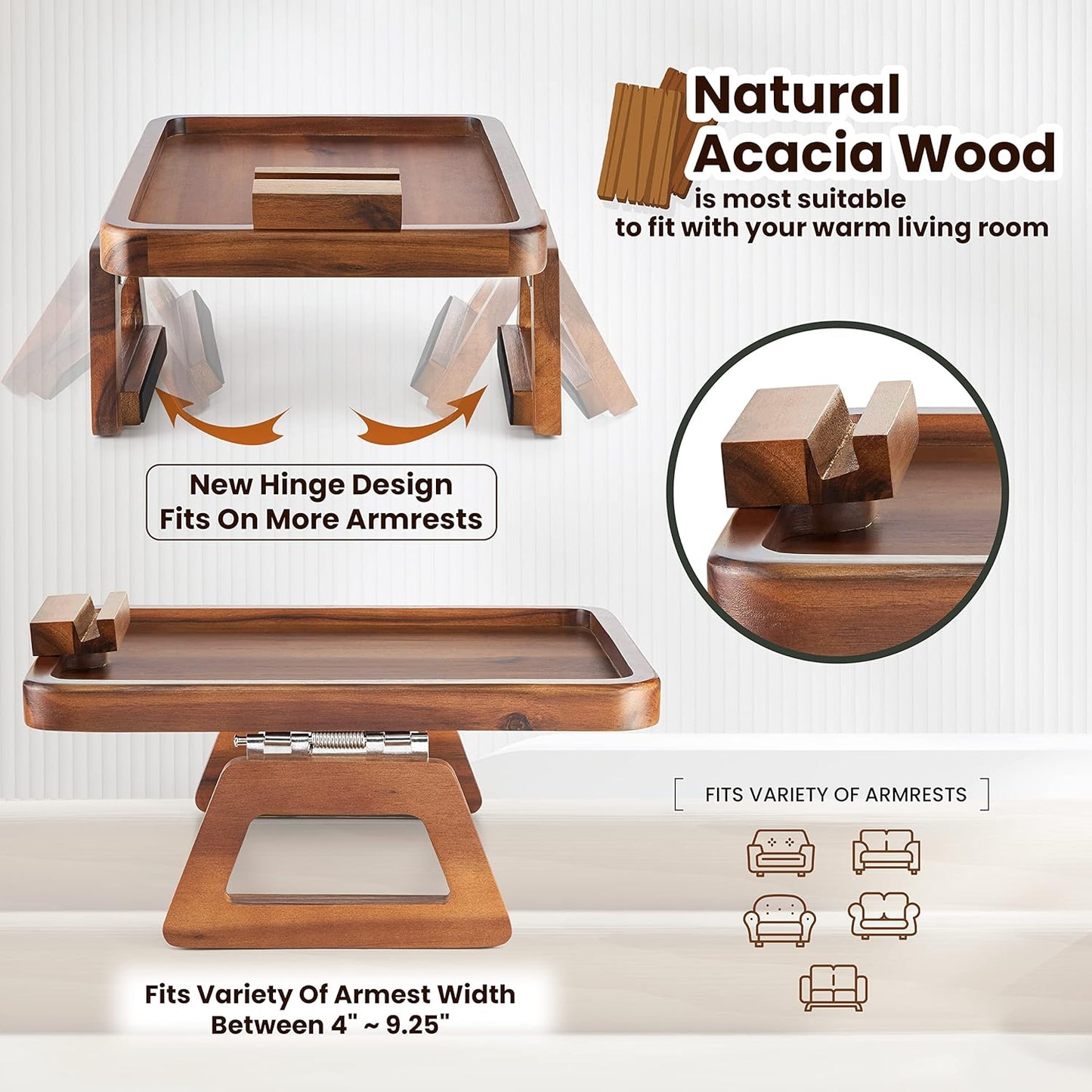 Tinamo Acacia Wood Sofa Armrest Tray with Phone Holder - Large Sofa Arm Tray Table Clip - Couch Arm Table for Wide Couches - Wooden Side Tables for Small Spaces for Eating and Drink(13.8" x 9.5" x 1")