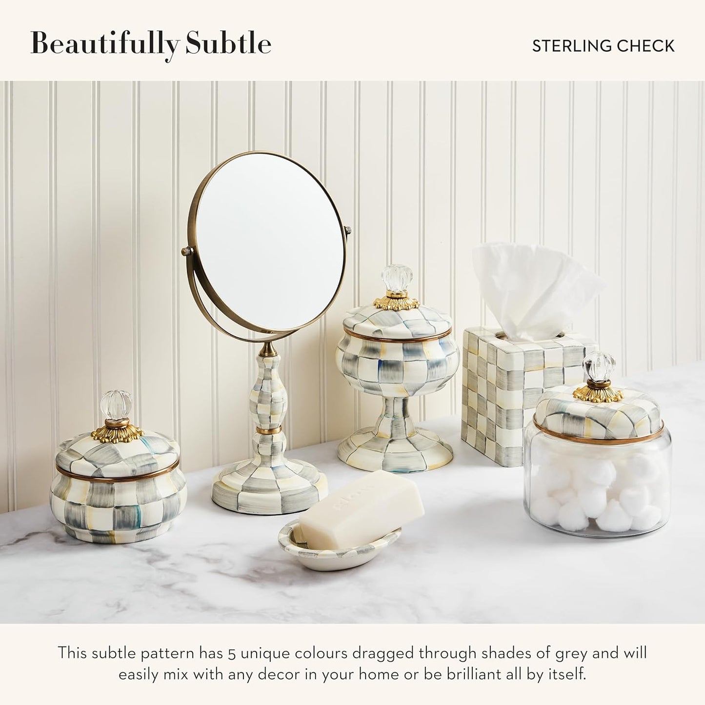 MACKENZIE-CHILDS Enamel Squashed Pot, Cute Enameled Container with Lid, 20 Ounces, Gray-and-White Sterling Check