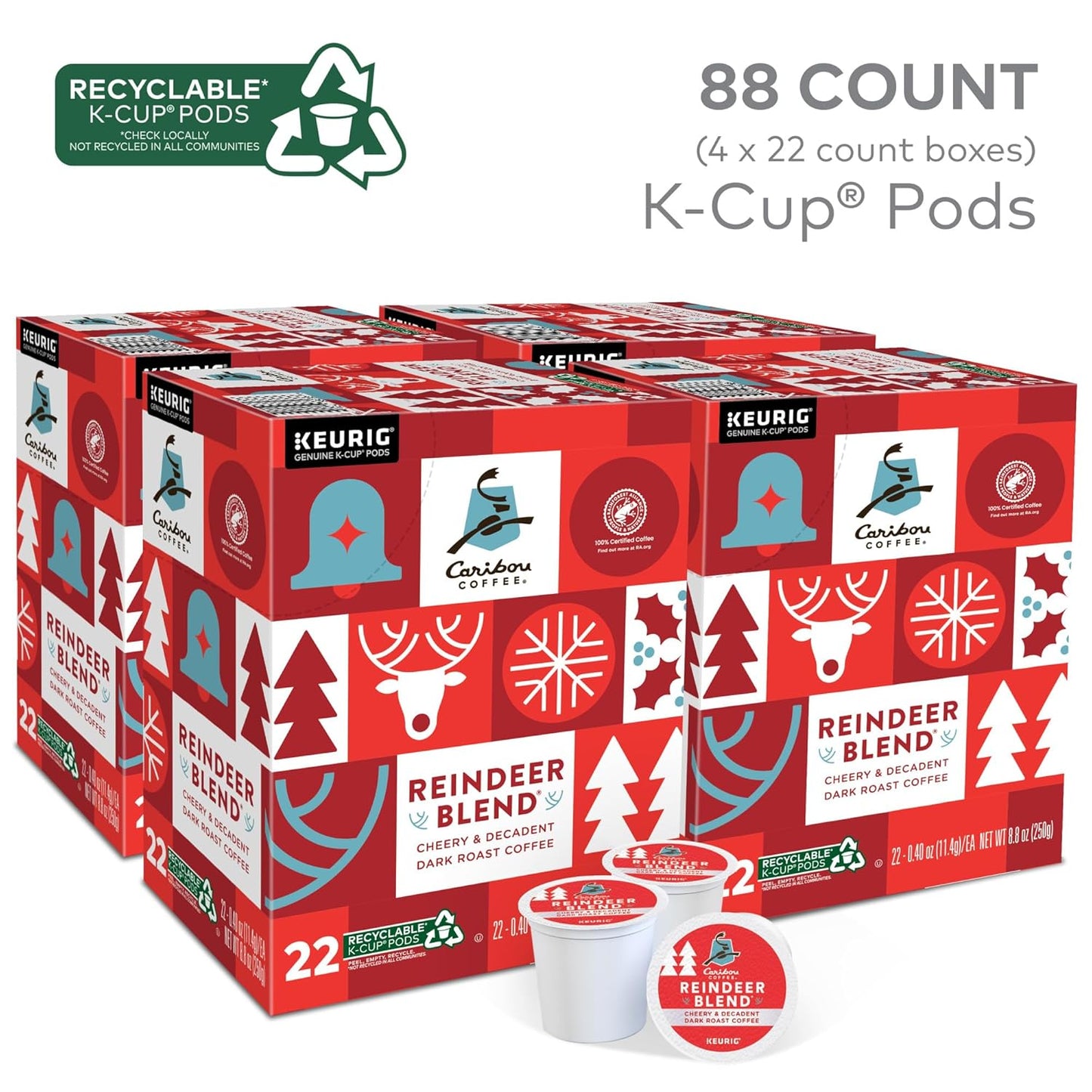 Caribou Coffee Reindeer Blend, Single-Serve Keurig K-Cup Pods, Dark Roast Coffee Pods, 88 Count