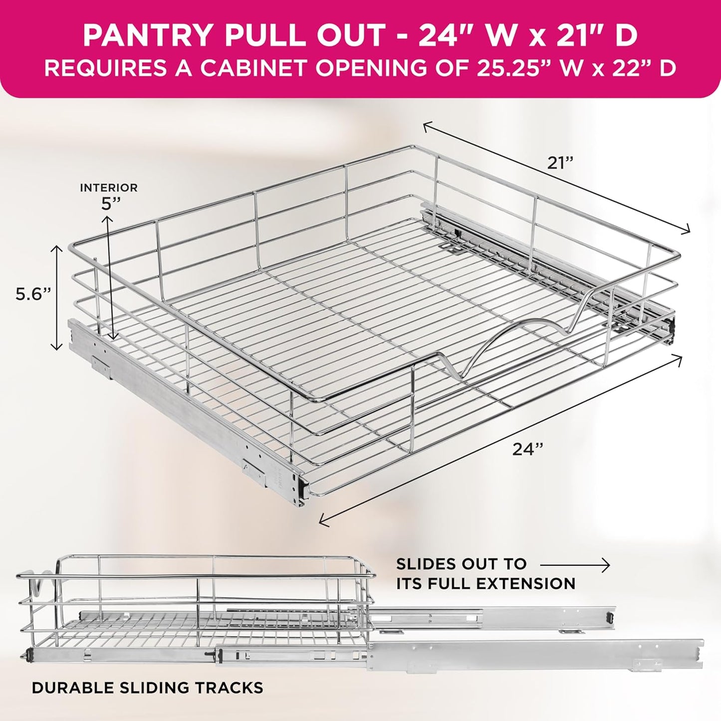 HOLDN’ STORAGE Heavy-Duty Premium Collection Pull Out Cabinet Organizer, Cabinet Drawer Slide Outs, Lifetime Limited Warranty - Basket Size 24" W x 21" D x 5" H, Anti-Rust Chrome Finish