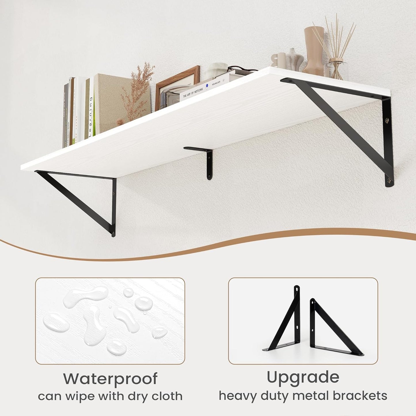 Heimlove White Deep Floating Shelves for Wall, 40W x 8D Wood Wall Shelves Set of 2, Wide Floating Bookshelf for Living Room, Kitchen, Office, Bedroom and Decor Storage, with Black Bracket - White