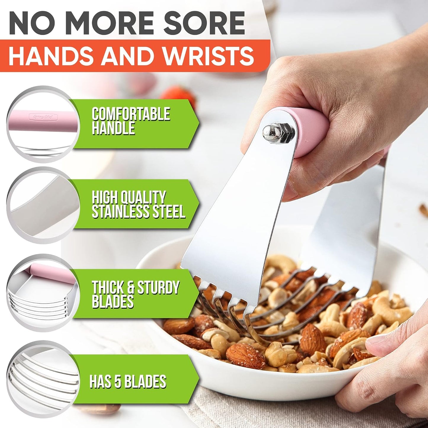 Spring Chef Large Dough Blender For Baking, Professional Dough Cutter Tool, Stainless Steel Puff Pastry Cutter Tool, Dishwasher Safe Pastry Blender for Easy Mixing - Pink Lemonade