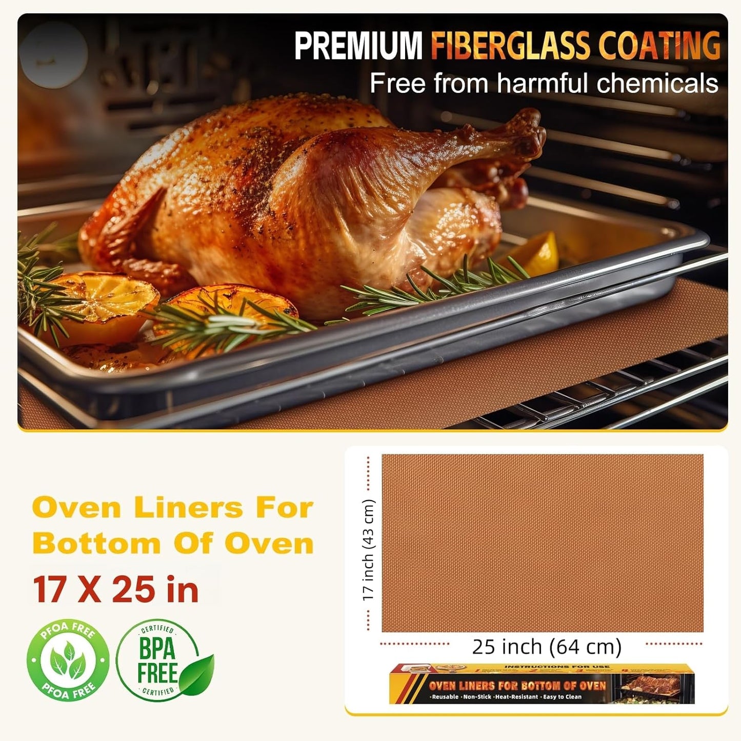 2 Pack Oven Liners for Bottom of Oven, 17"x25" Heavy Duty Non-Stick Oven Liner Mat, Reusable Heat Resistant Grill & Baking Mat, BPA/PFOA Free Roaster Liners, Fits Electric, Gas, Toaster Ovens (Copper)