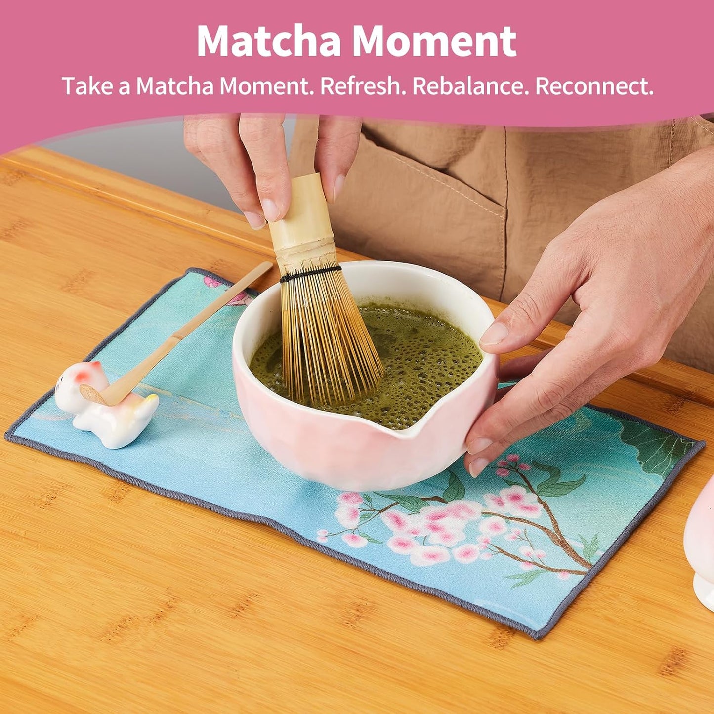7 Pcs Matcha Whisk Set, Matcha Set Pink,Matcha Kit,Matcha Tea Set,Matcha Bowl Set with Pink Cat Scoop Holder, Tea Cloth, Sifter(Gradient Pink)