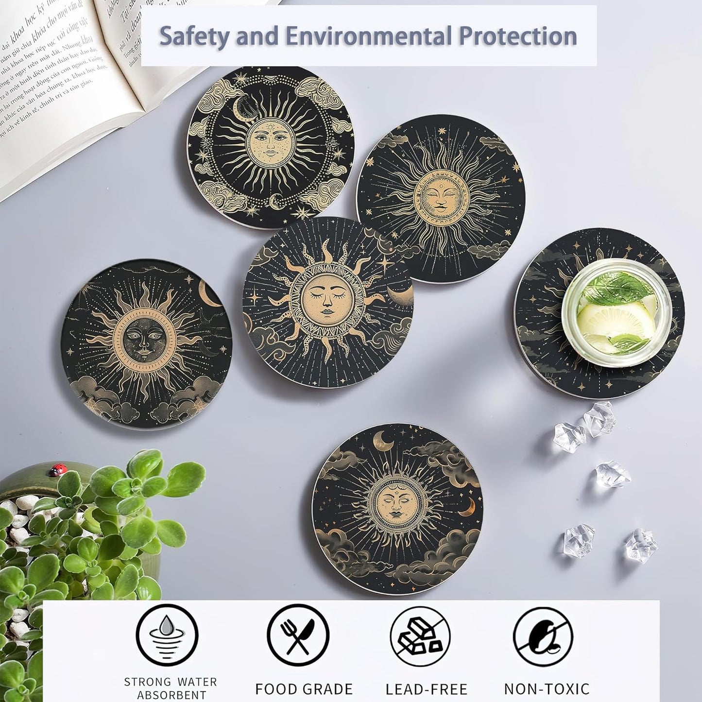 Drink Coasters Set of 6 with Holder, Gold Sun Moon Clouds Stars Absorbent Ceramic Coasters with Cork Base,Fit All Cups,Great Gift for Housewarming,Room Decor,Bar,Holiday Party