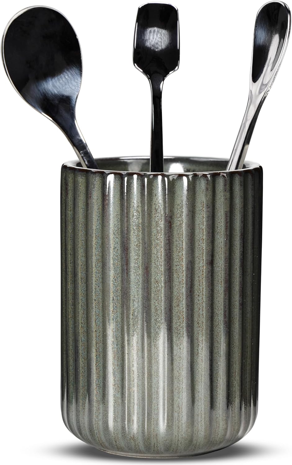 Ceramic Spoon Holder for Coffee Bar, Upright Tea Spoon Holder Cup, Coffee Stirrers Straws Stir Stick Holder, Cement Grey Fluted Surface