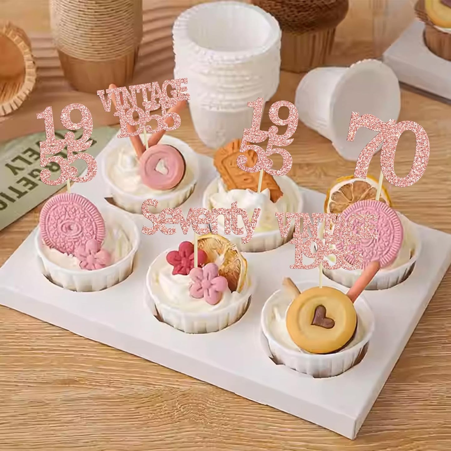 Gyufise 24Pcs 70th Birthday Cupcake Toppers Glitter Cheers to 70 Fabulous Seventy Vintage 1955 Cupcake Picks 70th Birthday Wedding Anniversary Party Cake Decorations Supplies Rose Gold