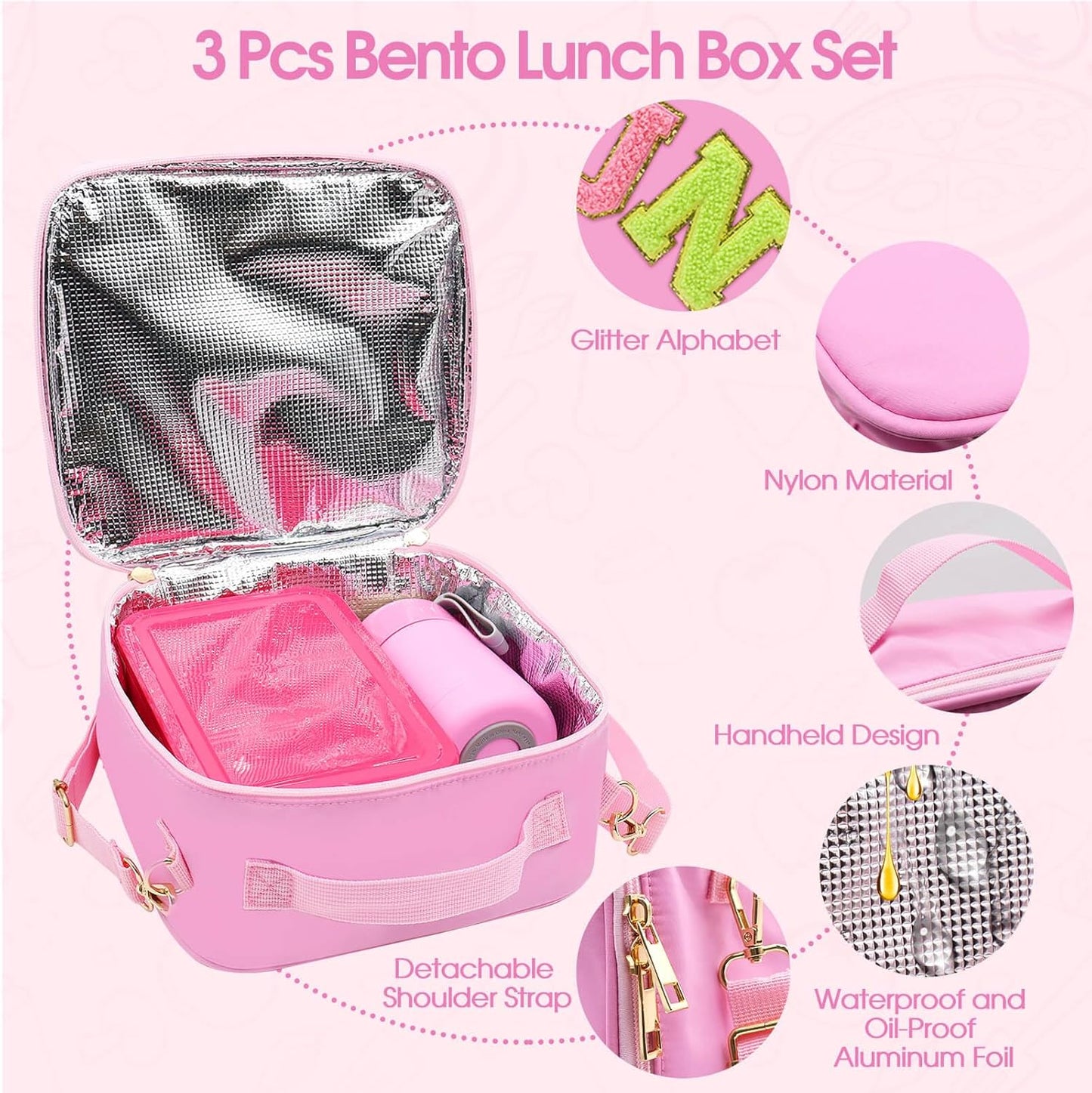 Pink Lunch Box for Girls with 10oz Thermo, with 6 Compartment Bento Box, Nylon Insulated Lunch Bag Adjustable Strap for Girl Kids Teens School Travel Picnic