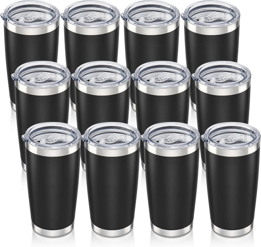 20 oz Tumbler with Lid Stainless Steel Insulated Tumblers Bulk Double Wall Vacuum Cups Powder Coated Travel Mug Keep Drinks Cold and Hot, Black, 12 Pack