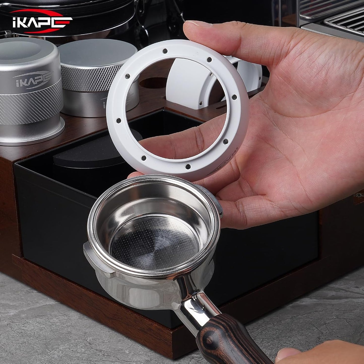 IKAPE Magnetic Dosing Funnel Set, 51MM Espresso Dosing Ring & Puck Screen Kit Compatible with Delonghi 51MM Bottomless Portafilter - with 8 Small Magnet (White)