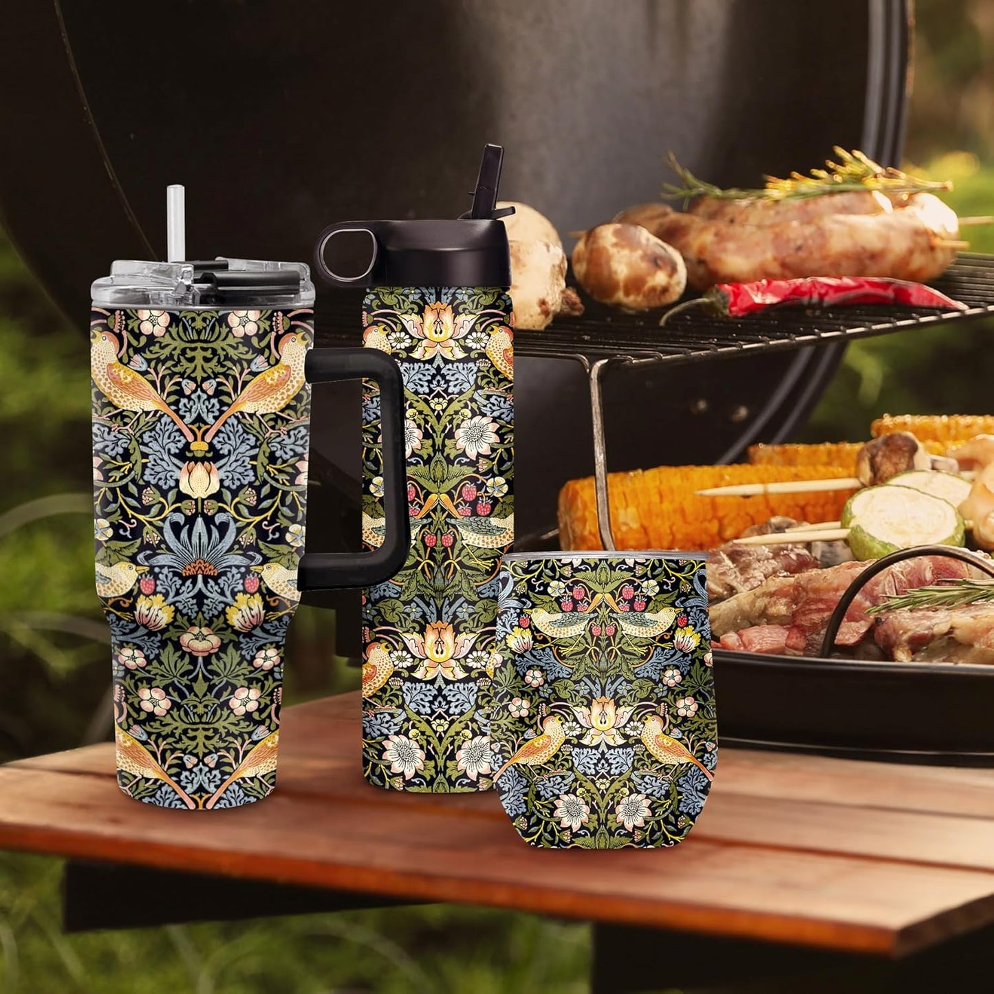 RainCaper 18/8 Stainless Steel Insulated Water Tumbler with Straw | 30oz, BPA-Free, Double Wall for Hot & Cold | Travel-Friendly, Cup Holder Ready (William Morris Morris Strawberry Thief)