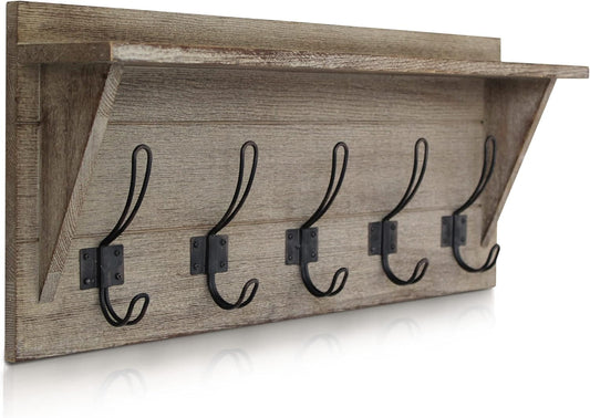HBCY Creations Rustic Wall Mounted Coat Rack with Shelf - Solid Wood 24" Entryway Shelf with 5 Coat Hangers. Perfect Touch for Your Entryway, Mudroom, Kitchen, Bathroom and More, Weathered Brown