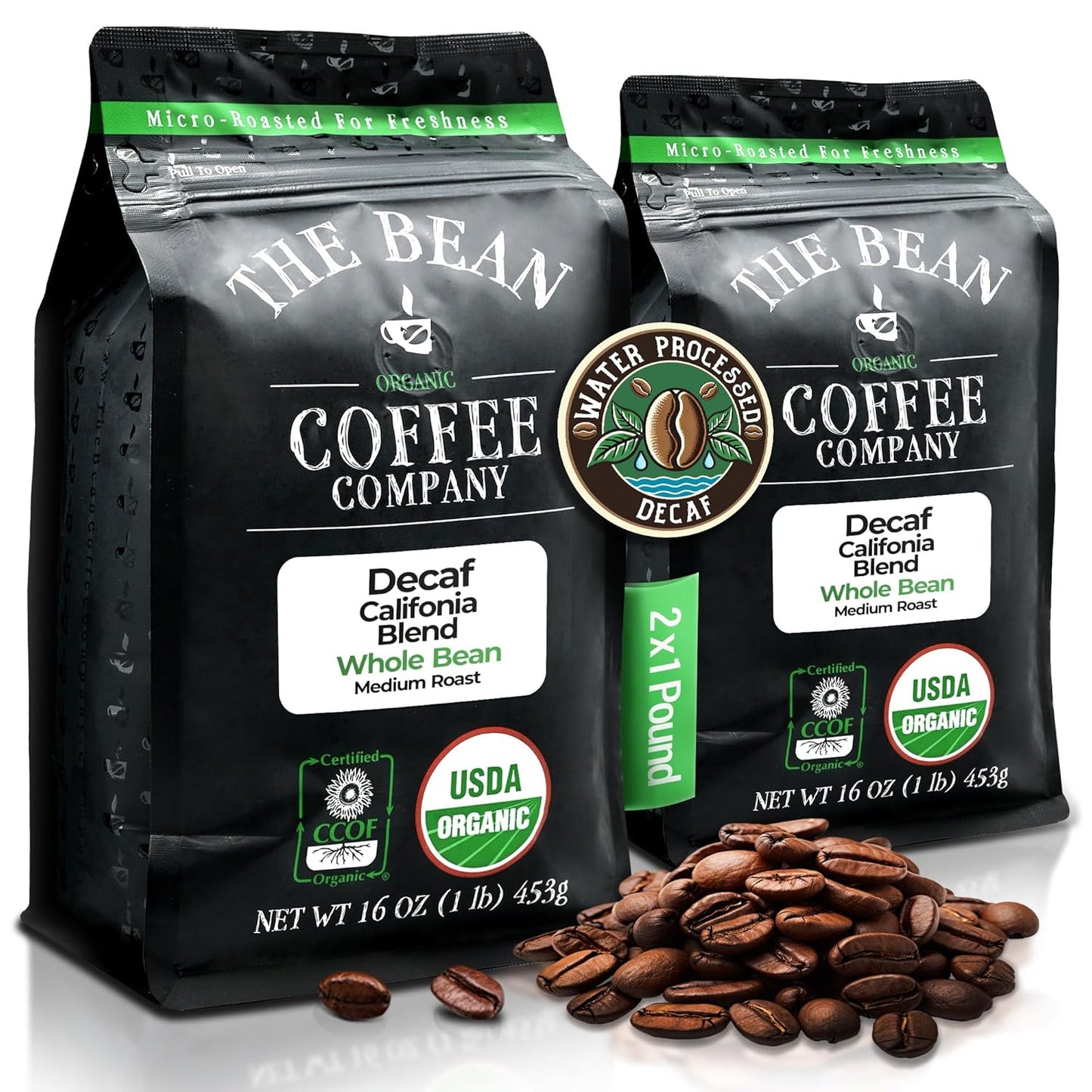 The Bean Organic Coffee Company Water Processed DECAF California Blend, Medium Roast, Whole Bean Coffee, 16-Ounce Bags (Pack of 2)