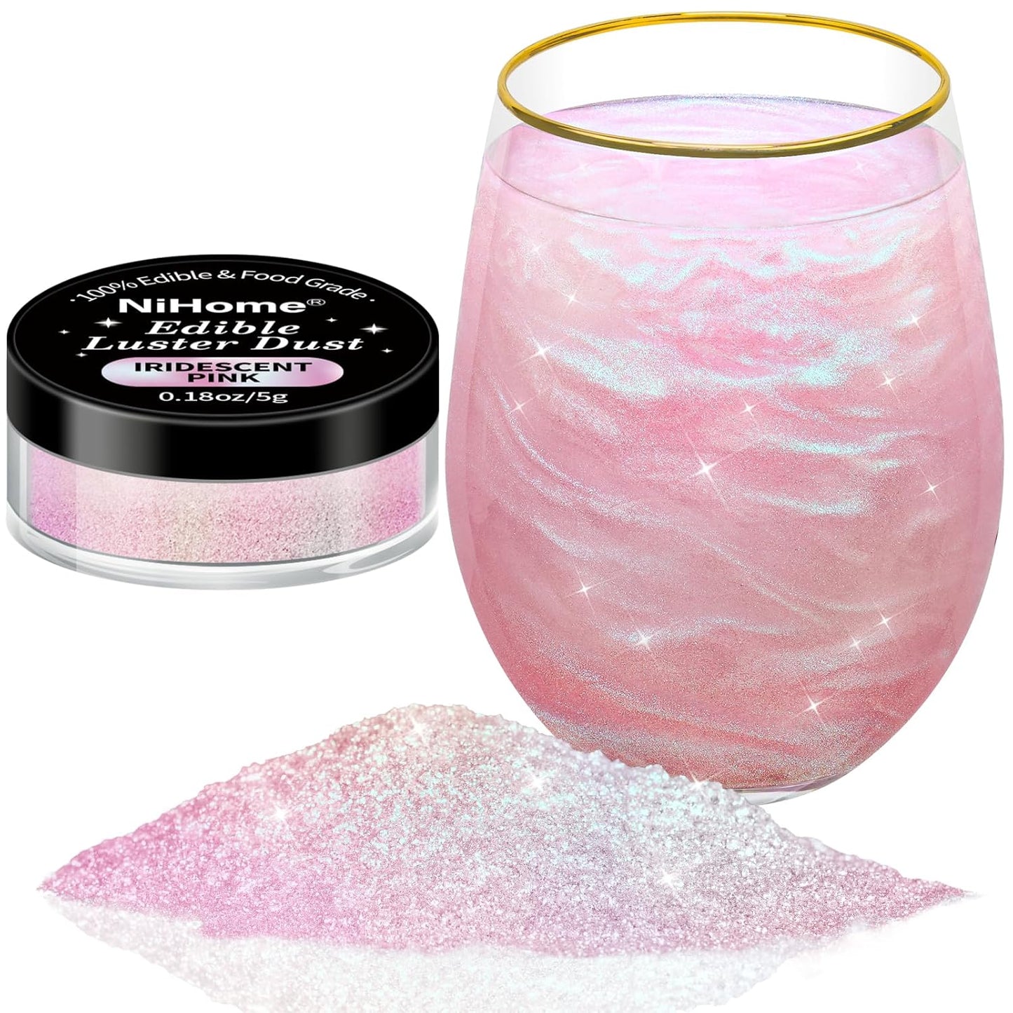 NiHome 0.18oz/5g Edible Food-Grade Glimmer Powder Glitter Luster Dust Metallic Food Decorating Sprinkle Dust for Drink Wine Beverage Cake Candy Dessert Bakery Restaurant Vegan (Iridescent Pink)