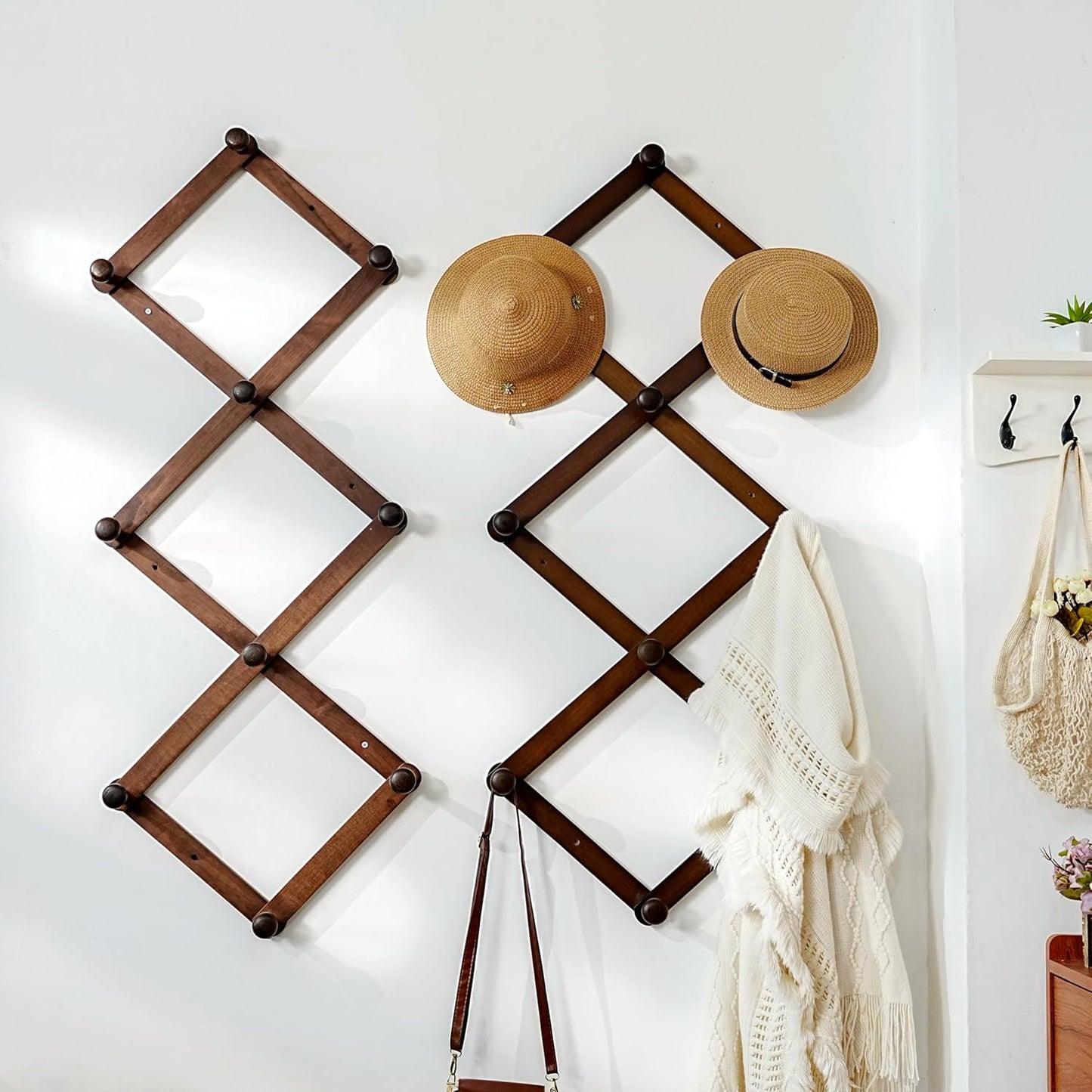 Dseap Expandable Coat Rack (Larger Version) - 24” High, Anti-Slip, Ultra Heavy Duty Wooden Accordian Wall Hanger with 10 Study Peg Hooks for Clothing Hats Jackets Bags, White & Natural