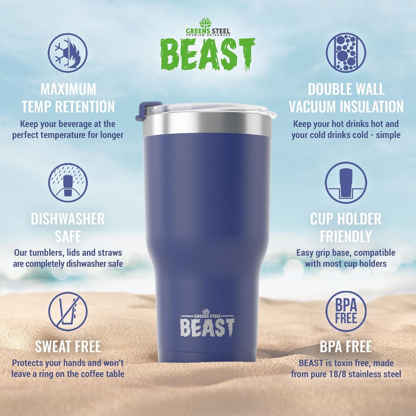 Beast 40 oz Tumbler Stainless Steel Vacuum Insulated Coffee Ice Cup Double Wall Travel Flask (Royal Blue)