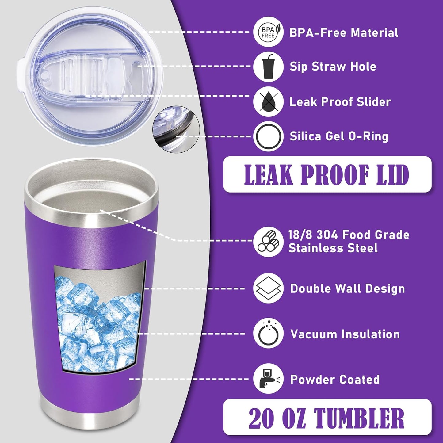 20 oz Tumbler Coffee Tavel Tumblers Bulk with Lid Stainless Steel Double Wall Vacuum Insulated Mug Powder Coated Cups fit Car Cupholder for Hot and Cold - Purple, 8Pack