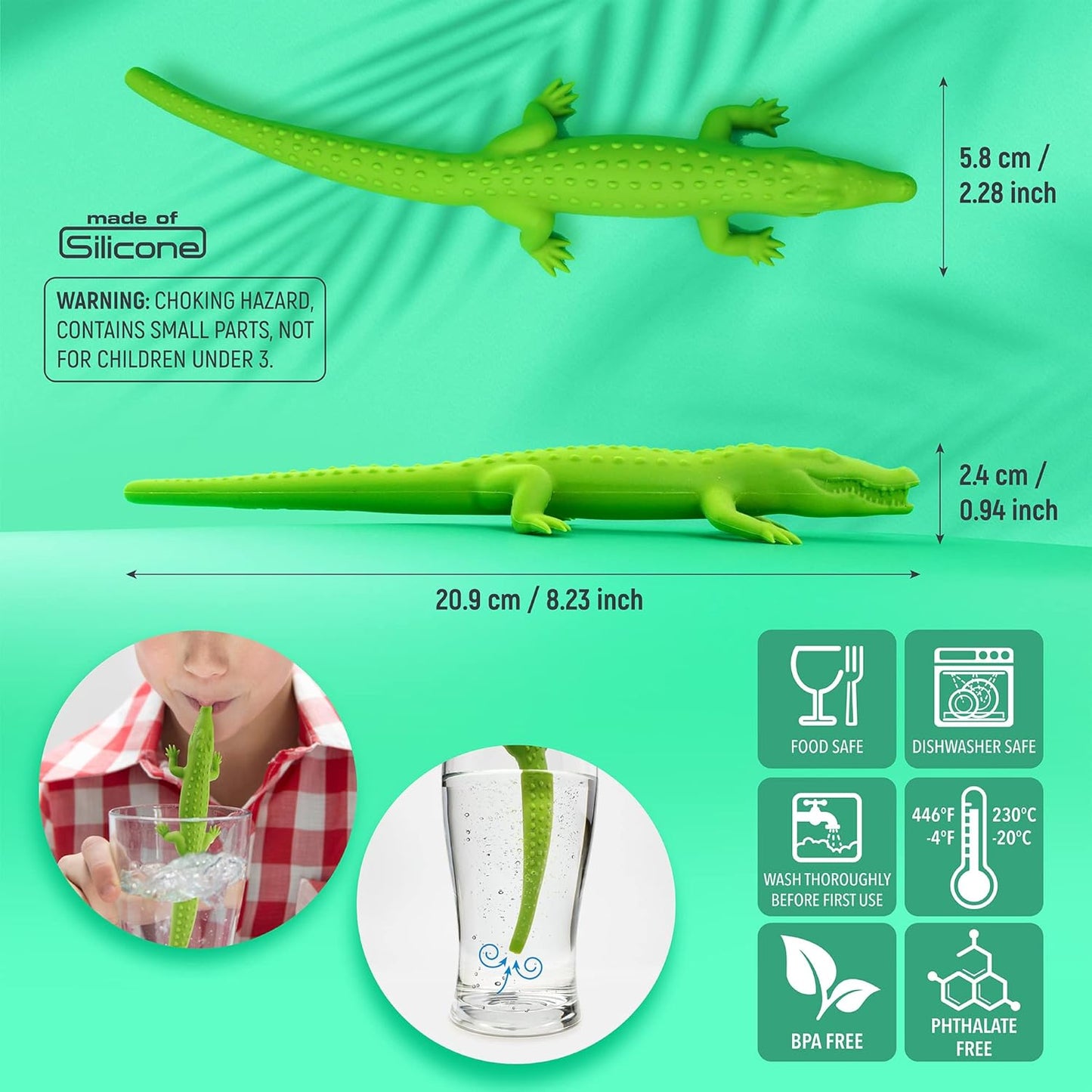 Hoobbe Silicone Reusable Animal Straw for kids, Fun and cute for Pool Side Party, Birthday Party, Under the Sea Party, BPA Free, Dust-Proof and Dishwasher Safe (Crocodile), 1 straw per pack