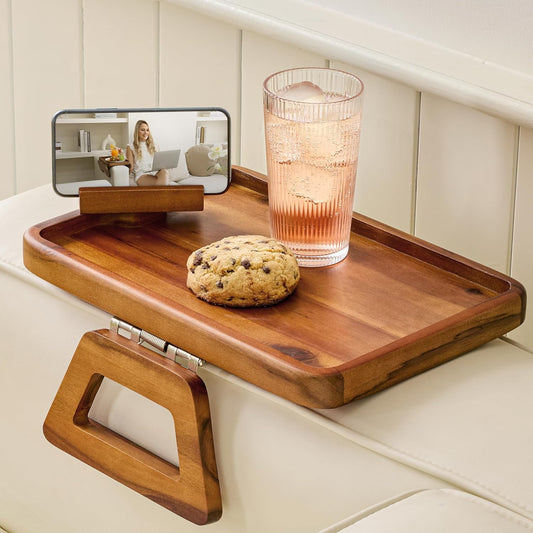 Tinamo Acacia Wood Sofa Armrest Tray with Phone Holder - Large Sofa Arm Tray Table Clip - Couch Arm Table for Wide Couches - Wooden Side Tables for Small Spaces for Eating and Drink(13.8" x 9.5" x 1")