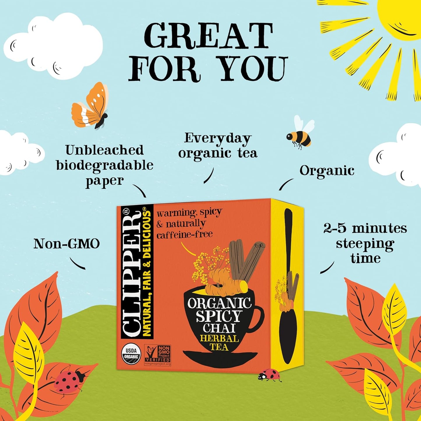 Clipper Tea Spicy Chai Herbal Tea – Caffeine Free, USDA Organic, Great Hot or Iced – Warming, Spicy, Natural, Fair & Delicious – 50 Tea Bags