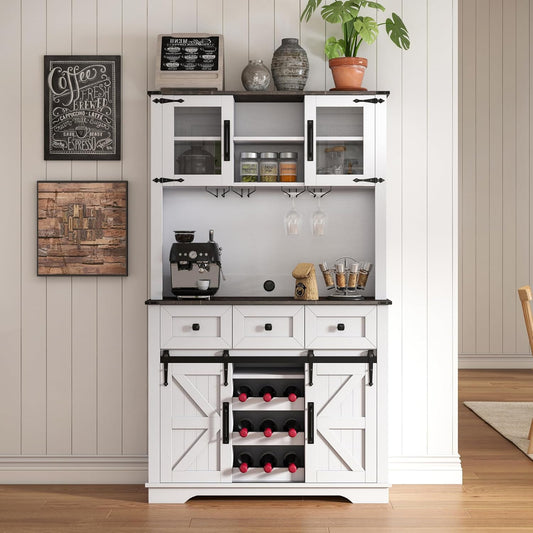 Coffee Bar Cabinet with Sliding Barn Doors 71'' Farmhouse White Pantry Cabinet with Drawers & Wine Glass Rack Rustic Buffet Cabinet for Kitchen, Black
