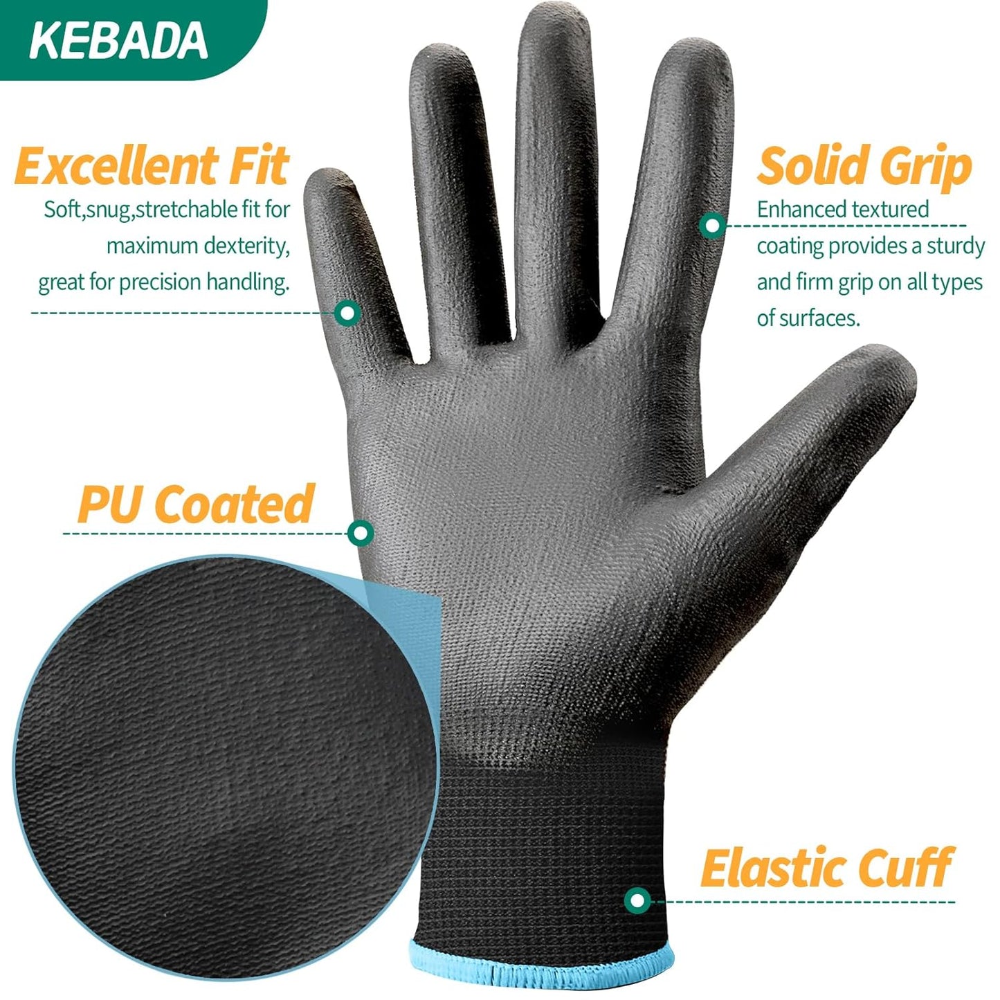Kebada 120 Pairs Work Gloves Bulk Pack, Mens Work Gloves with Grip, PU Dipped Gloves for Warehouse, Construction, Gardening and Mechanics, Black, Small