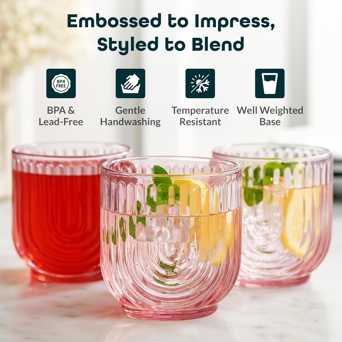 Glaver's Double Old Fashioned Rock Glasses, Set of 4 Blush Pink Whiskey Glasses, 11 oz Art Deco U-Shape Design Embossed Everyday Home Bar Glassware.