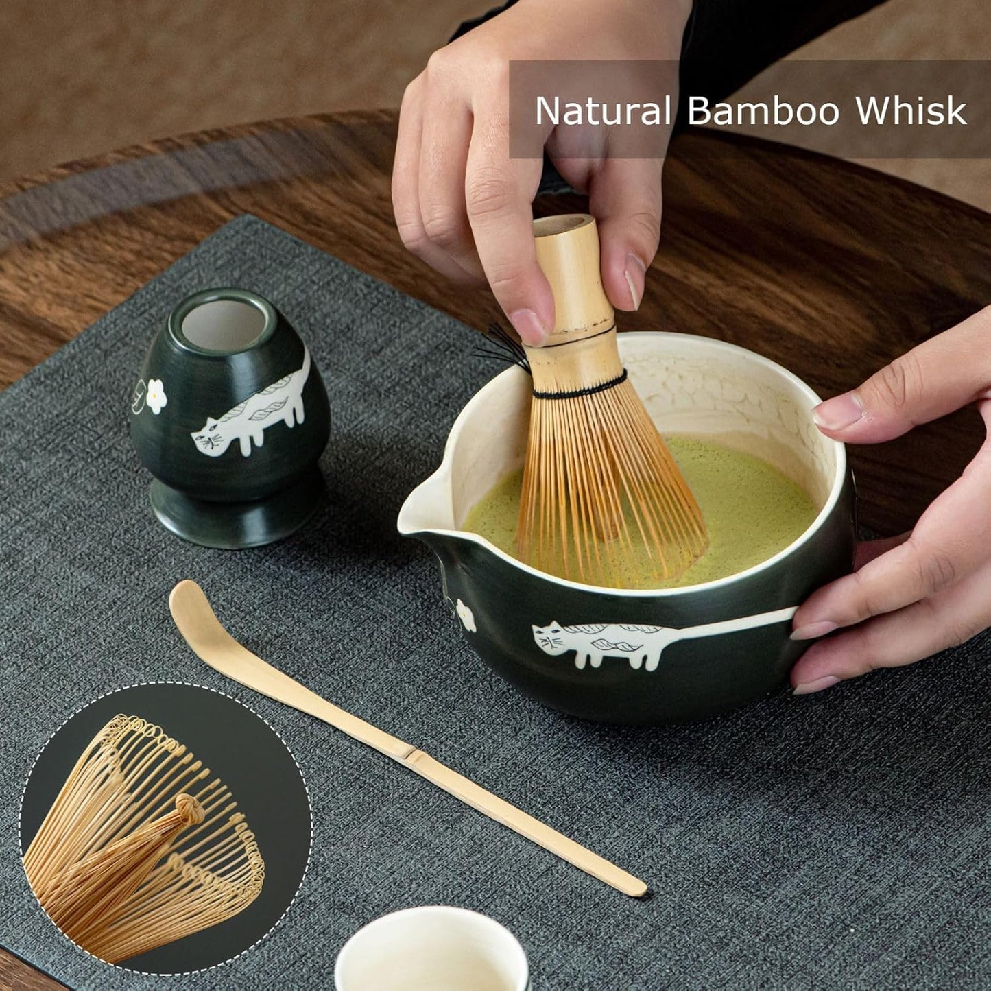 Unique Cat Matcha Tea Set, Matcha Bowl with Spout, 2 Cups, Bamboo Whisk, Chasen Holder & Scoop, 6 Pcs Matcha Set for Tea Ceremony & Unique Gift for Matcha Lover